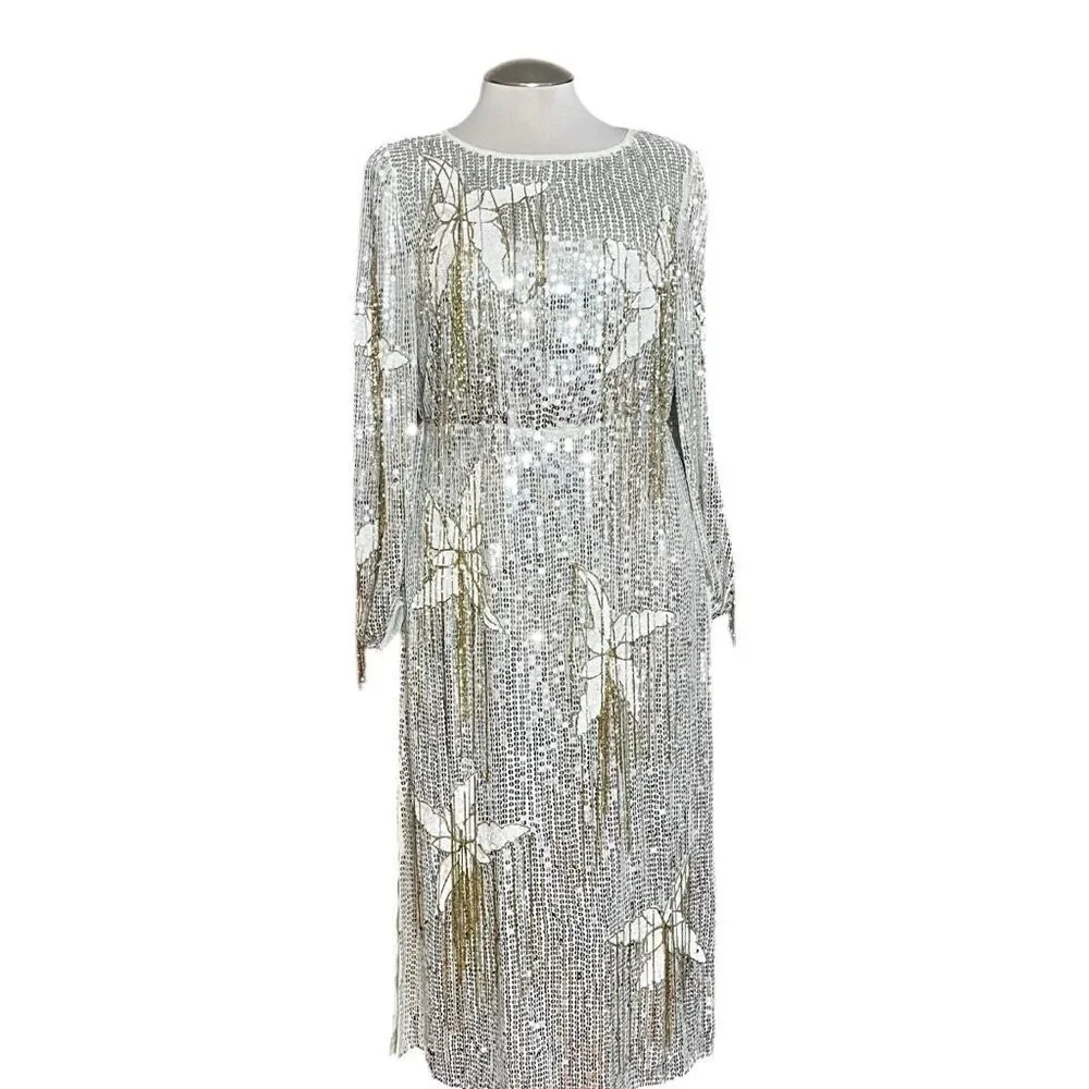 River Island London‎ Floral Sequin Fringe Long Sleeve MIDI Party Holiday Dresd - Picture 2 of 11
